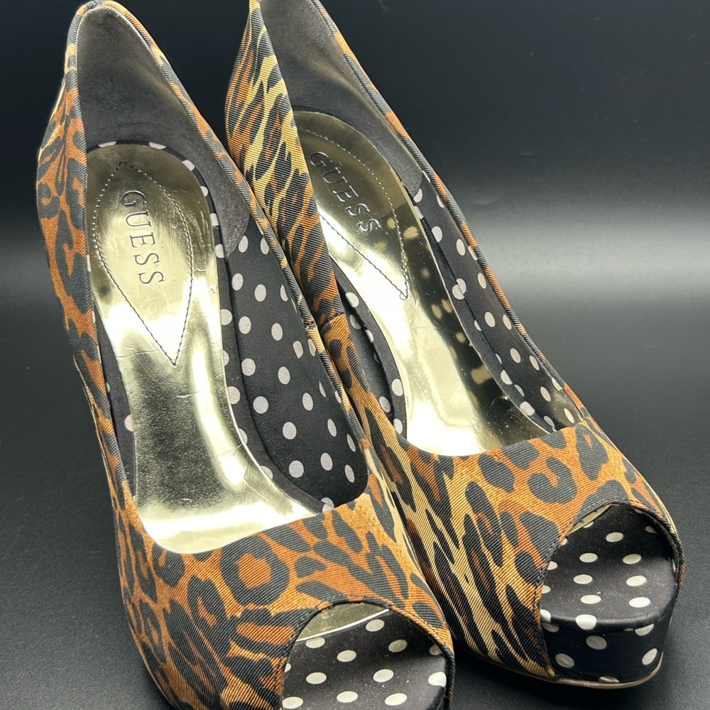 GUESS  Stiletto Heels Animal Print Polka Dot Peep Toe Size 10M NWOT